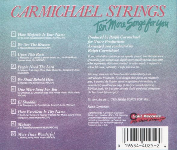 The Ralph Carmichael Strings Ten More Songs For You (1989)